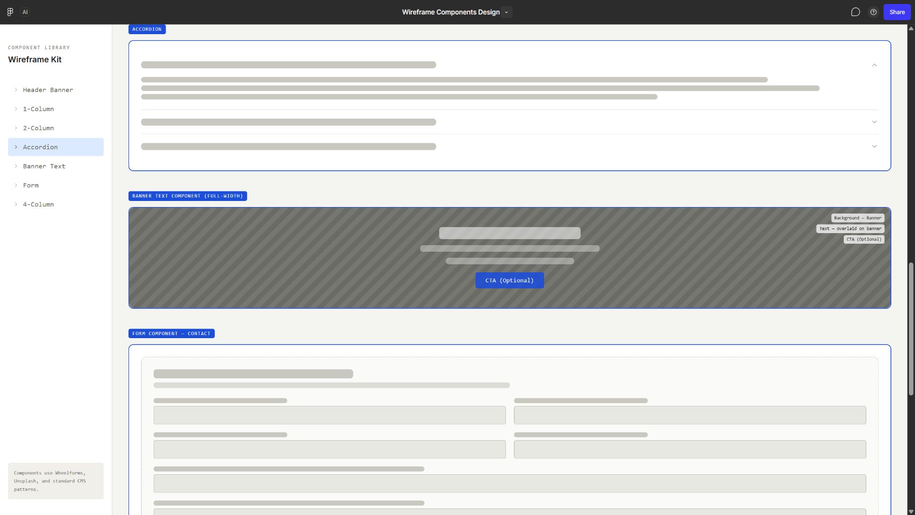 Accordion and banner text component wireframes
