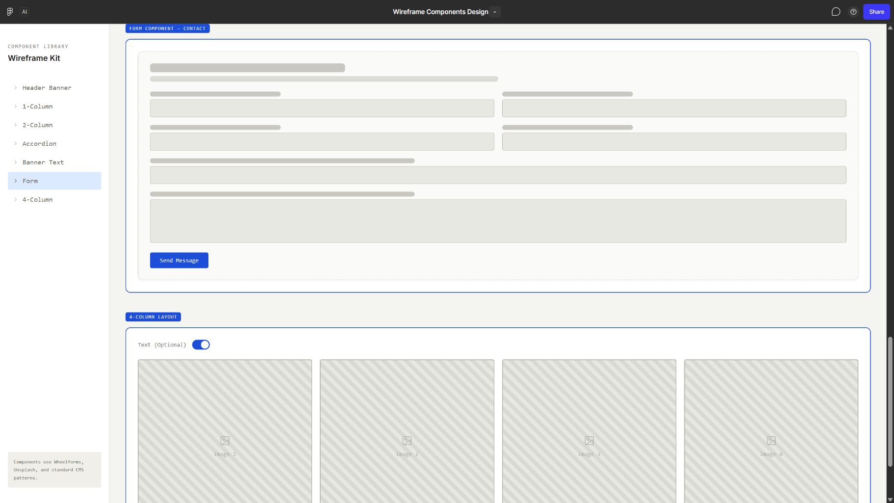 Contact form and four-column component wireframes