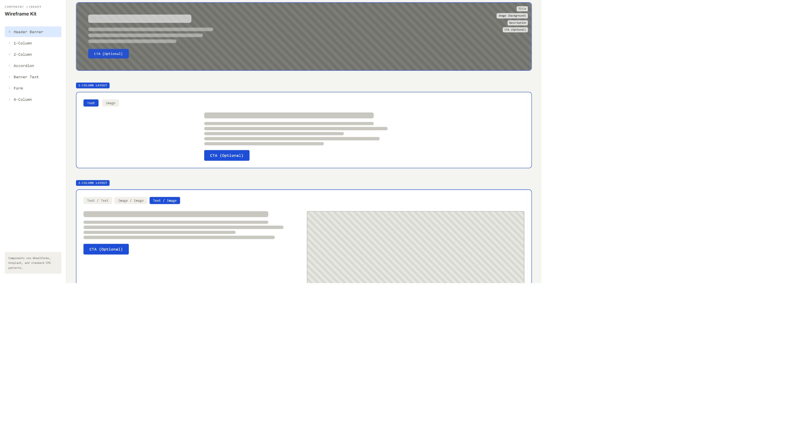 Header banner, one-column, and two-column wireframes