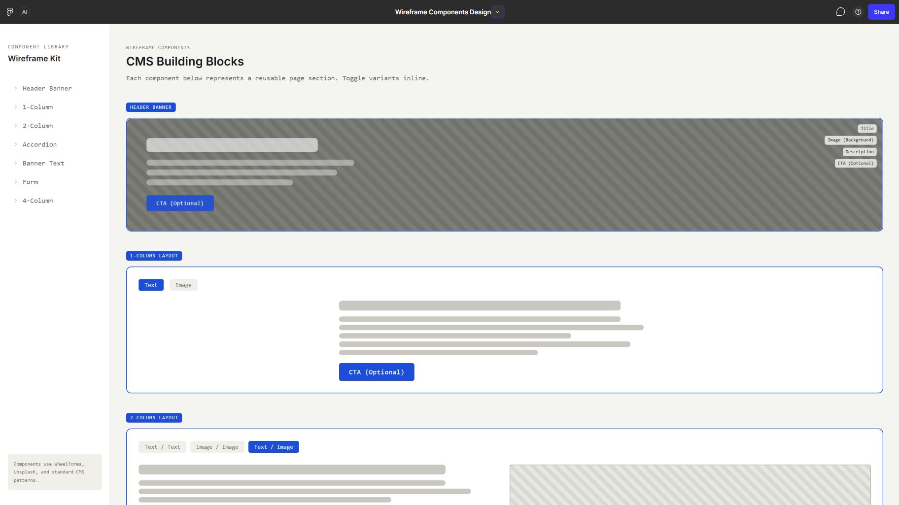 Desktop overview of the CMS Building Blocks component library